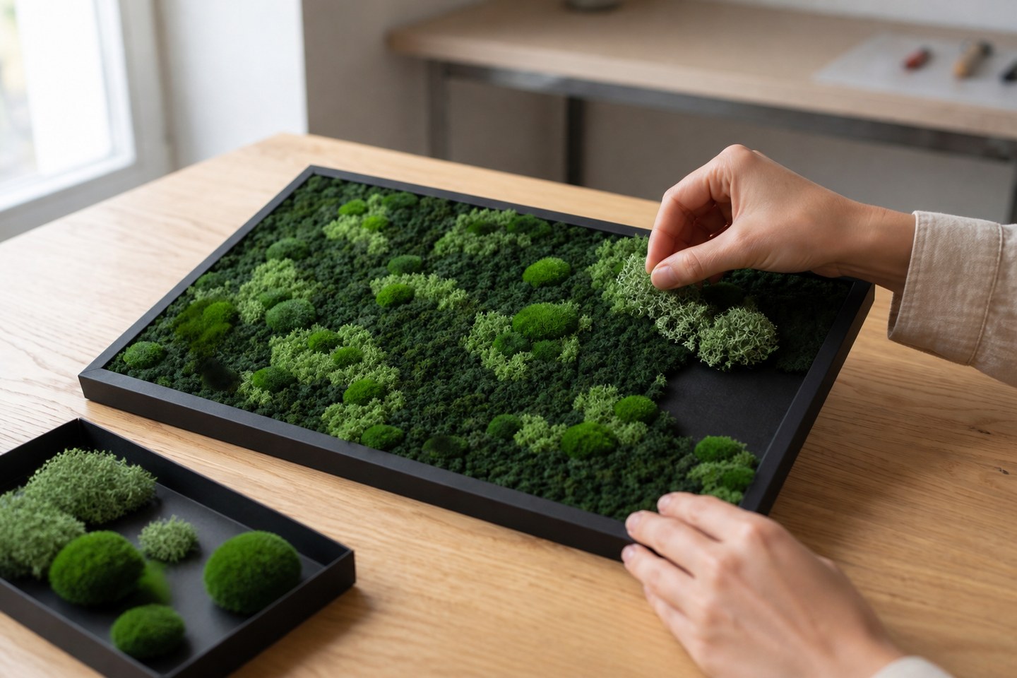 Placing moss onto the panel
