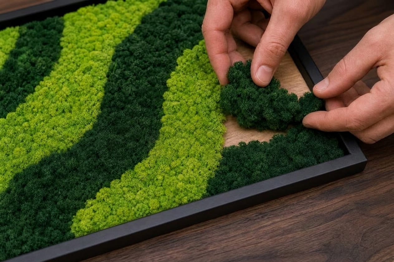 Setting preserved moss by hand in the Waldart workshop in Graz