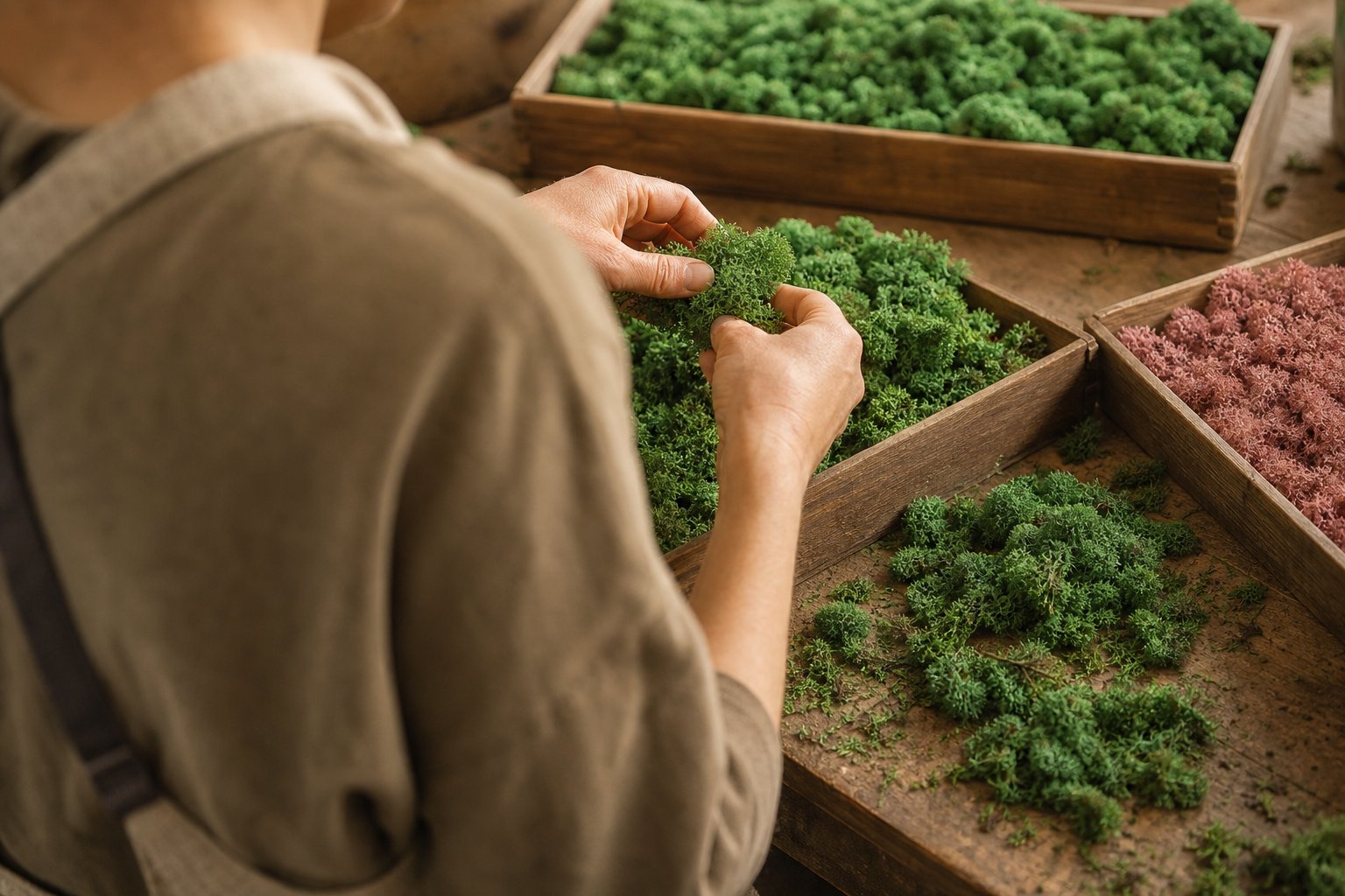 Sorting preserved moss by hand in our workshop