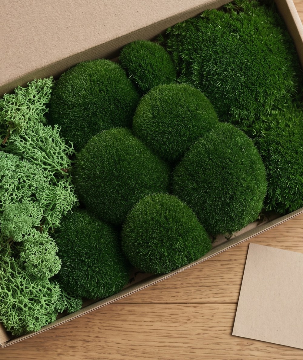 The preserved moss palette of greens laid out in the studio